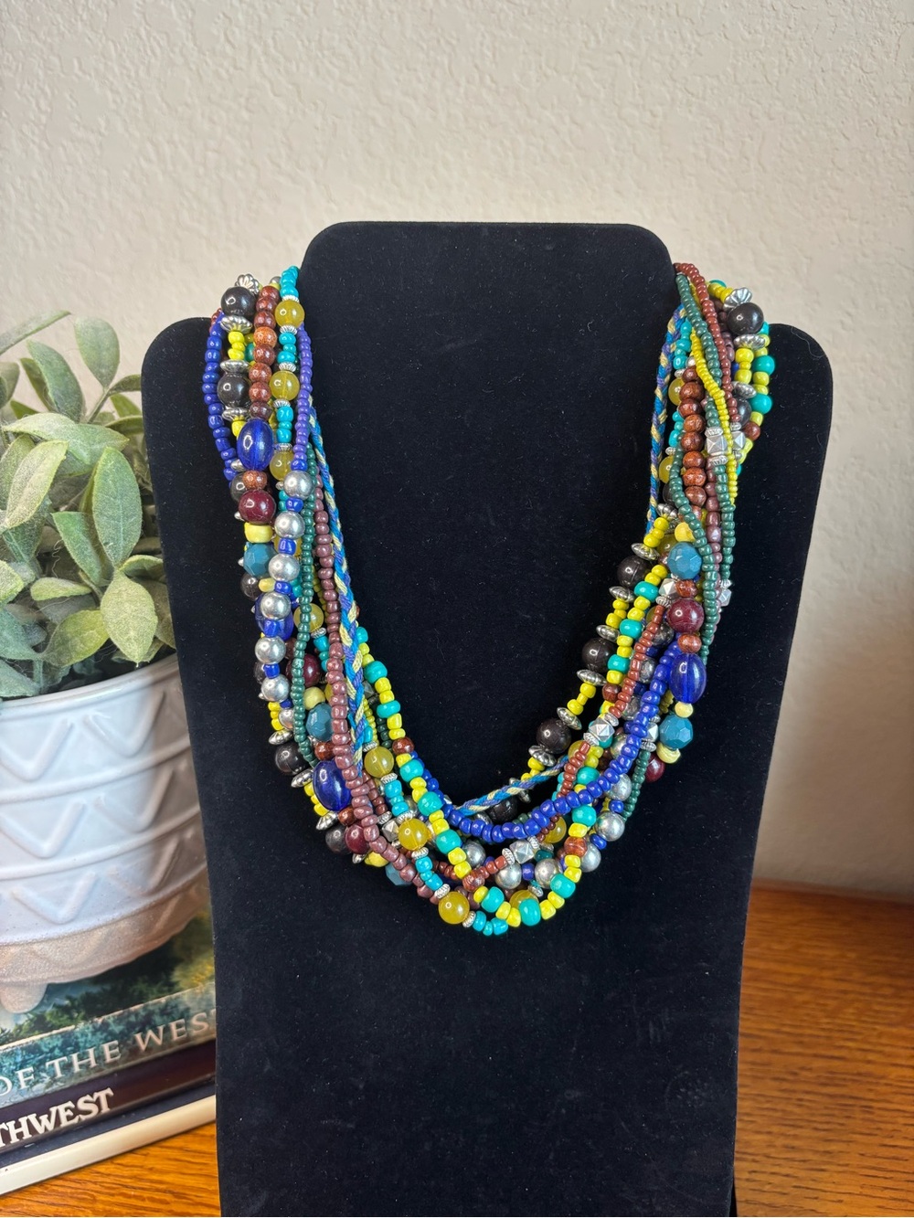 Multi-Color Beaded Statement Necklace - Layered Turquoise & Blue